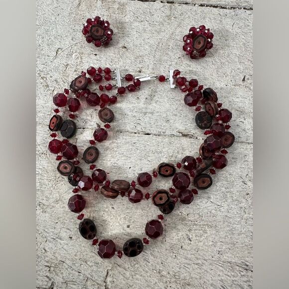 Vintage 1950s German Unusual Beaded Necklace And Earring Set - Picture 1 of 11